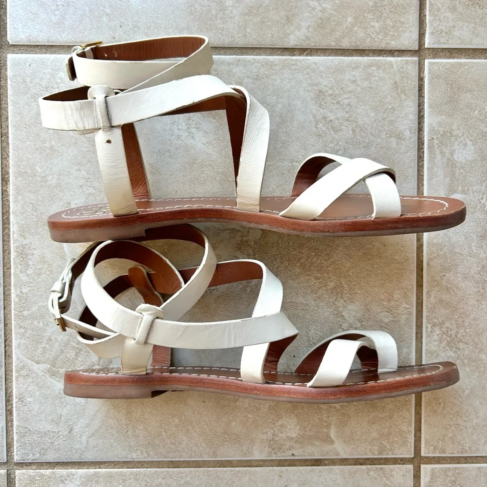 Tory Burch White Brown Sandals Gladiator Ankle Wrap Designer Leather Shoes Sz 9 - Picture 4 of 8
